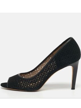 Tory Burch Elinor Laser Cut Black Suede Peep Toe Pumps
